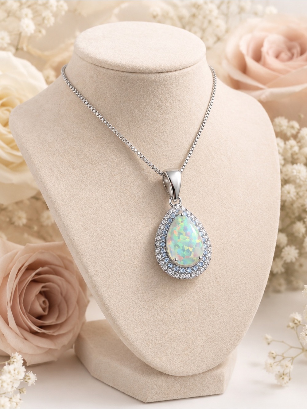 Sterling Teardrop Opal Pendant Necklace - Iridescent Opal - Picture 5 of 5
